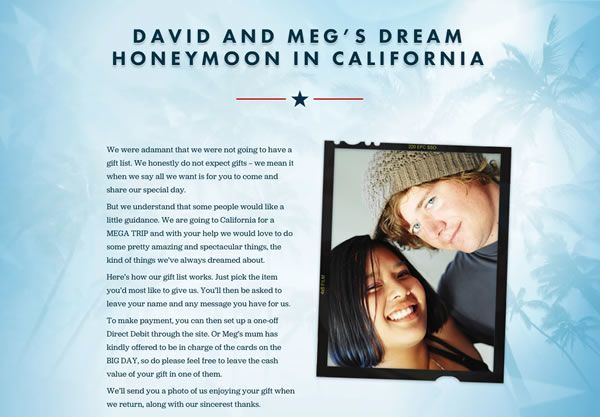 A honeymoon wishlist using the American Dreaming theme