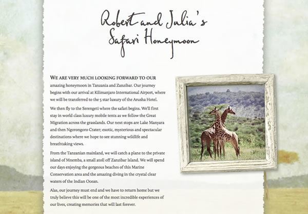 A wedding gift list using the Safari theme